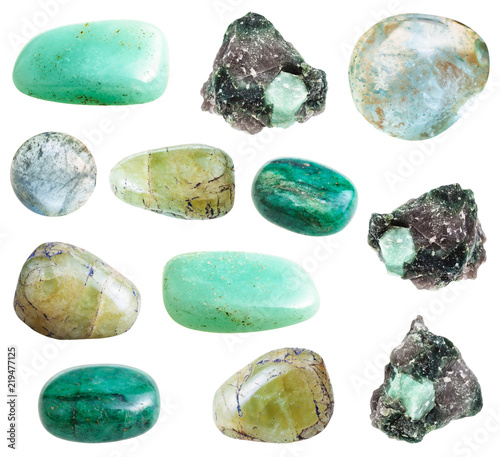 collection of green Beryl gemstones isolated