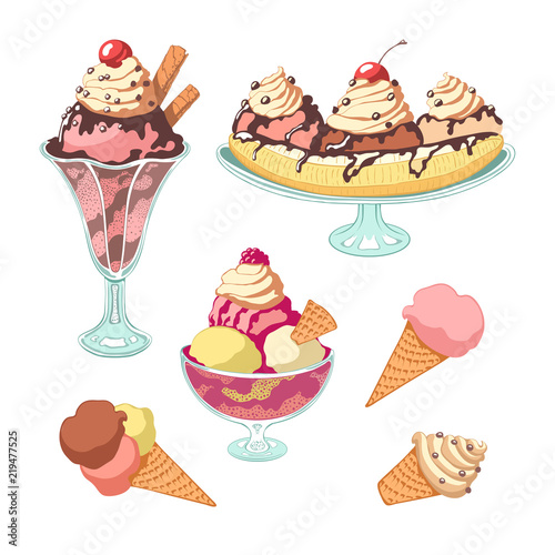 Set of ice cream. Vintage style, color.