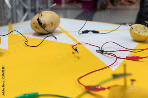 Potato battery STEM activity with potatoes, lemons, alligator clips, zinc and copper nails. Natural battery to turn on a led. scientific experiment for children on electricity on yellow background photo