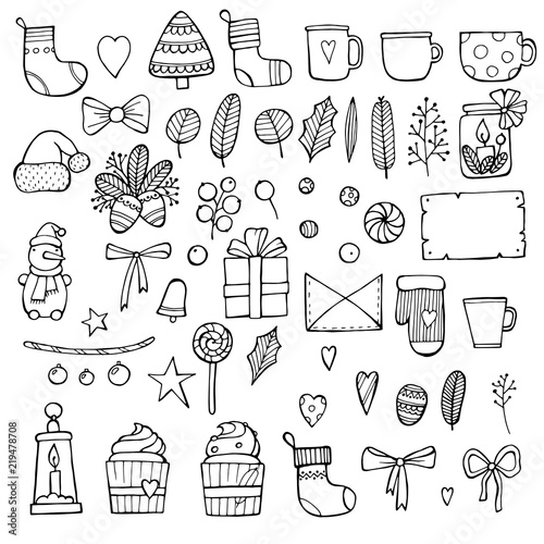 Hand drawn Merry Christmas doodle set with tree, santa, gift boxes, star elements. Winter and holiday themes object. Vector illustration.