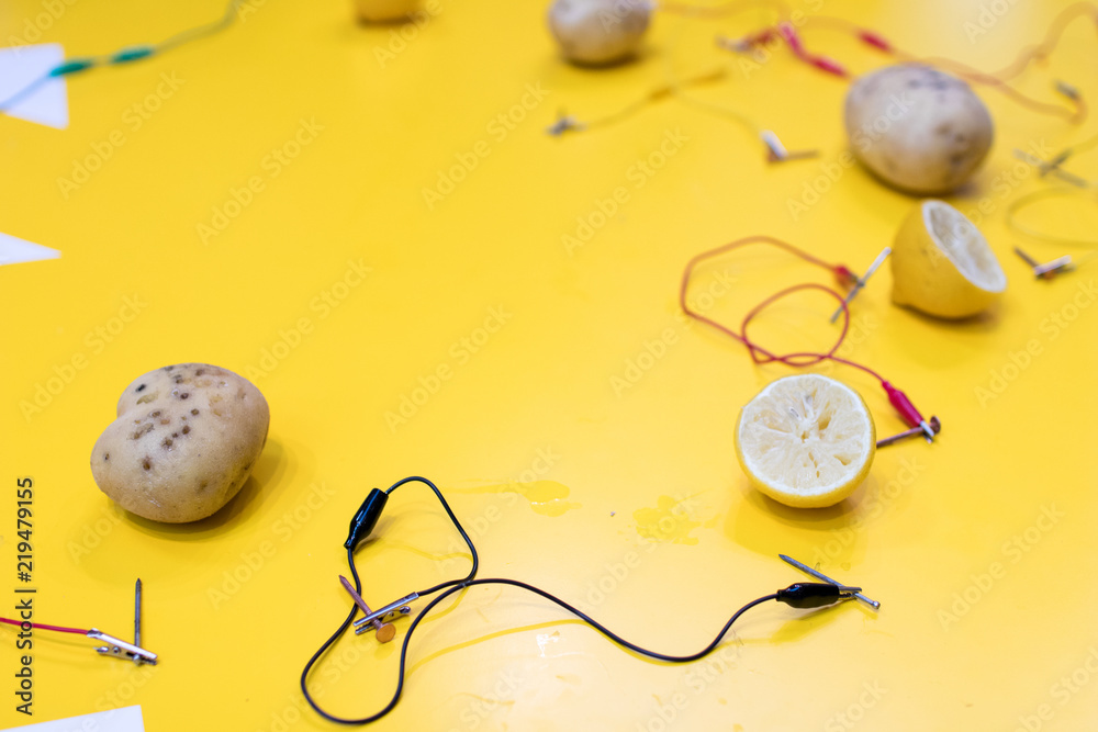 Stockfoto Potato battery STEM activity with potatoes, lemons, alligator