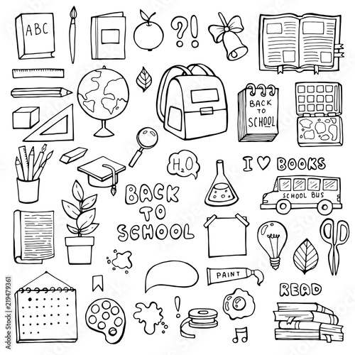 Back to school. Education items. Hand Drawn Doodle school supplies Vector Set.