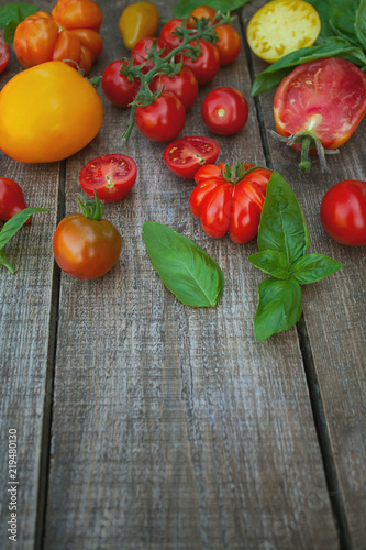  fresh organic colorful tomatoes on wooden surface