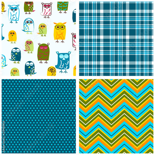 Owl seamless pattern set. Repeating patterns for fabric, kids apparel, gift wrap, backgrounds, scrapbooking and more. Owl, plaid, polka dot and chevron print. Vector illustration.