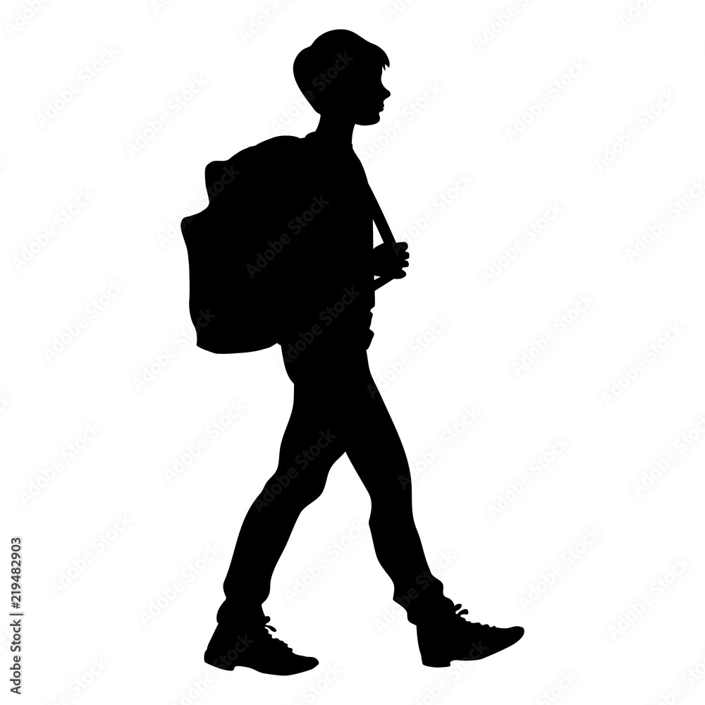 Isolated silhouette of a boy walking with a school bag Stock Vector ...