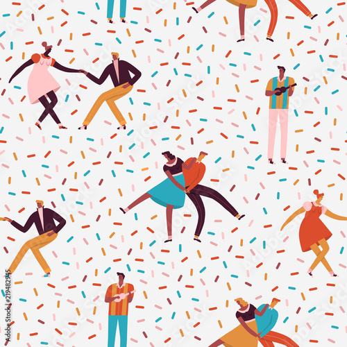 Dancing couples in 50s retro style seamless pattern in vector.