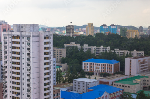 August, 2018 - North Korea, Pyongyang - Panoramic shooting of the central part of North Korea's capital city Pyongyang	 photo