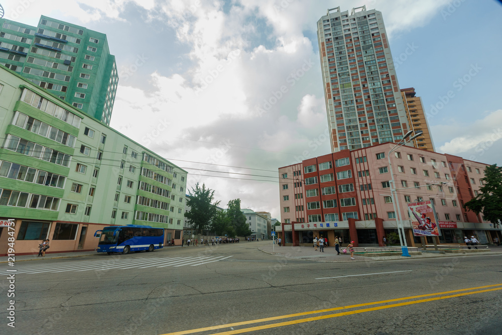 Ilyul 2018 - Pyongyang, North Korea - View from the window of a moving car on the central streets of the capital of North Korea - the city of Pyongyang. North Korea is one of the most closed countries