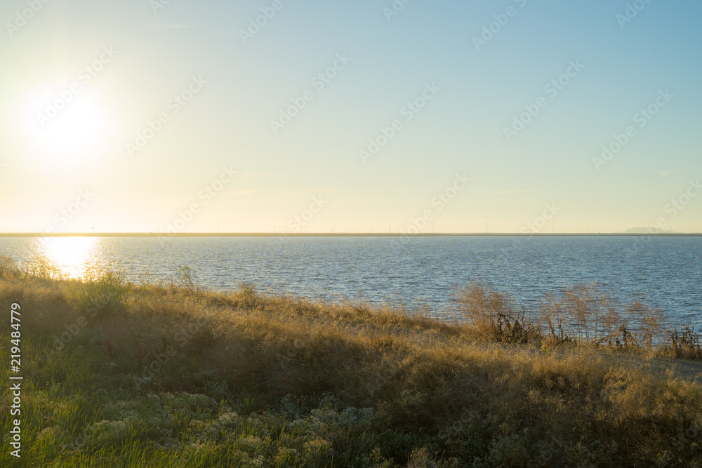 sunshine in Alviso Marina County Park at sunset time