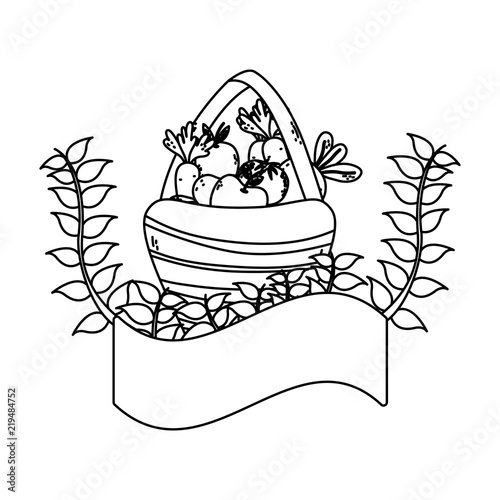 line fruits and vegetables inside hamper and plant branches