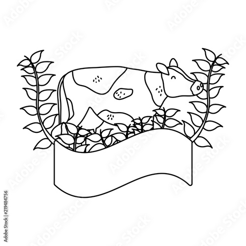 line cow farm animal with branches plant