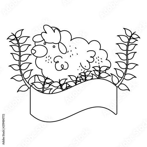line sheep farm animal with branches plant