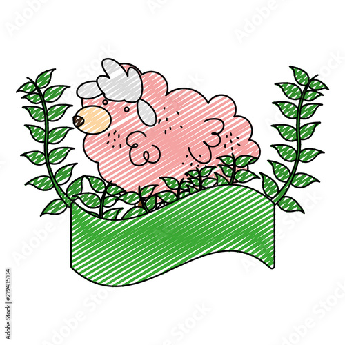 doodle sheep farm animal with branches plant