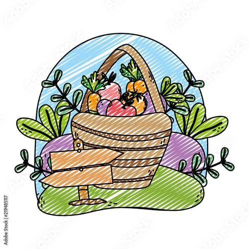 doodle vegetables and fruits inside hamper farm products