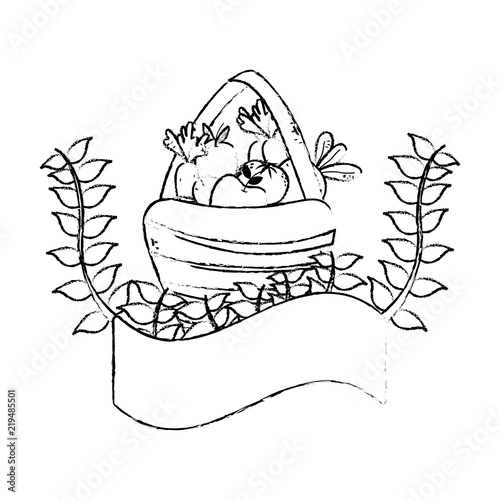 grunge fruits and vegetables inside hamper and plant branches