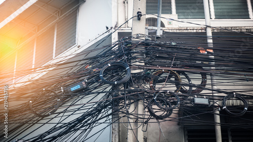 Photography Messy electrical cables in thailand - Tangled electrical wires and cables