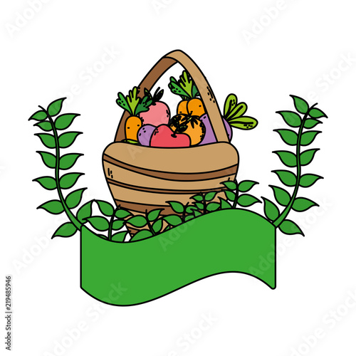 color fruits and vegetables inside hamper and plant branches