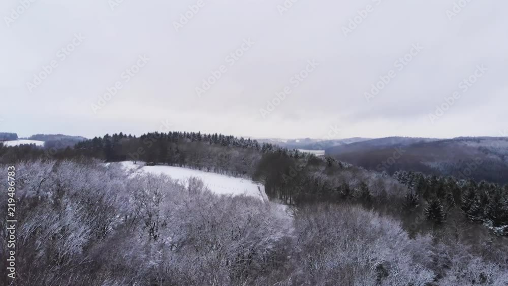 Wide aerial, snowy woodland landscape Wide aerial, snowy woodland landscape