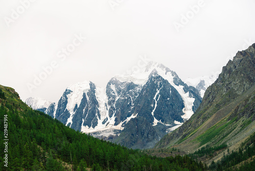 Snowy mountain top between rocky mountains under overcast sky. Rocky ridge in mist above forest. Atmospheric minimalistic landscape of majestic nature.