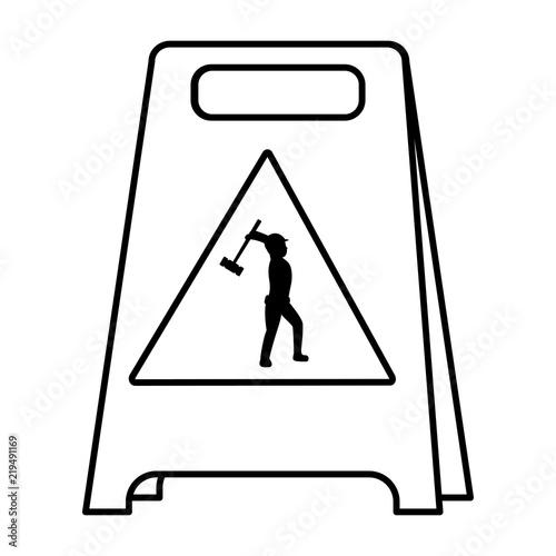 line plastic caution emblem and laborer with mallet