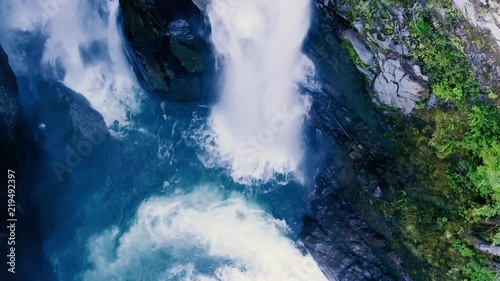 Nooksack Falls Waterfalls Mt Baker Washington – 4k drone video of waterfalls on Baker Highway Washington in summer on a beautiful cloudy day and gorgeous mountains with snow Mt Baker photo