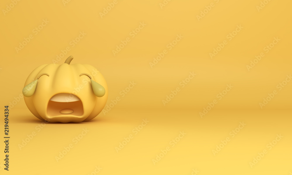 Cute crying cartoon of yellow pastel pumpkin head jack  lantern, copy space text. Design creative for  happy Halloween festival, 3D rendering illustration.