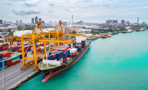 Container ship from sea port working for delivery containers shipment. Suitable use for transport or import export to global logistics concept.