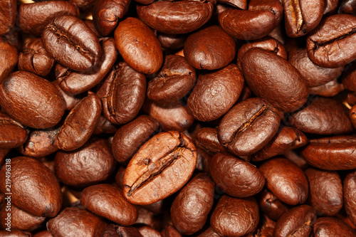 Close up of coffee beans texture background, selective focus