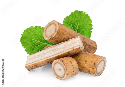 Fotografia burdock roots or kobo with green leaf isolated on white background