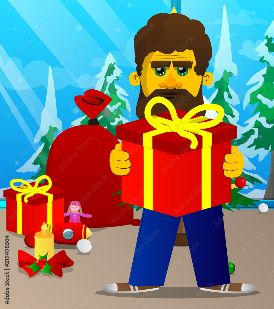 Yellow man holding big gift box. Vector cartoon illustration. Yellow man holding big gift box. Vector cartoon illustration.