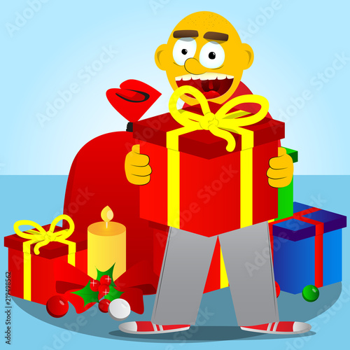 Yellow man holding big gift box. Vector cartoon illustration.