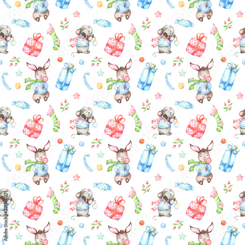 Fototapeta Naklejka Na Ścianę i Meble -  Christmas winter seamless pattern with hand painted watercolor illustrations of cute little animals mouse and bunny, presents and other decoration 