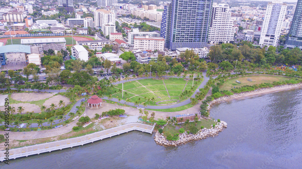 Naklejka premium Aerial view of Sriracha city ,Koh loy public park,Chonburi Thailand
