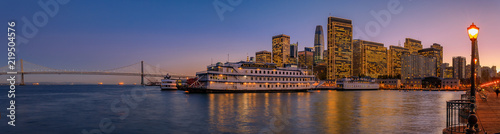 Photography San Francisco Belle and downtown at Christmas from wooden Pier 7 at sunset