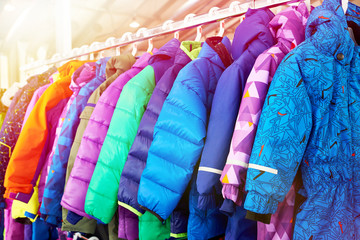 Winter children sports jacket on hanger in store