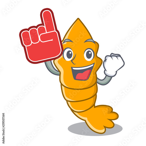 Foam finger steamed fresh raw shrimp on mascot cartoon