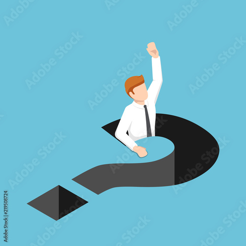 Isometric businessman falling into question mark hole