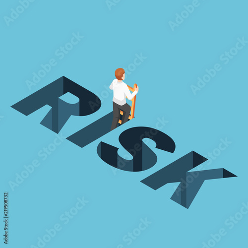 Isometric businessman climbing up from risk hole