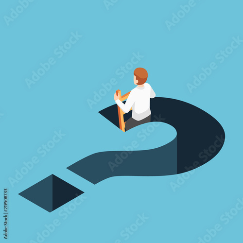 Isometric businessman climbing up from question mark hole