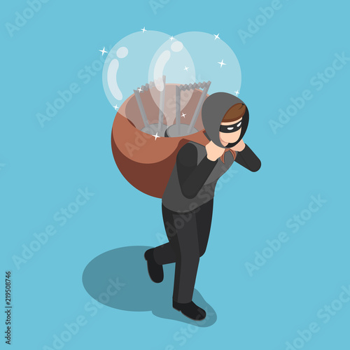 Isometric thief stolen light bulb of idea and carrying on his back