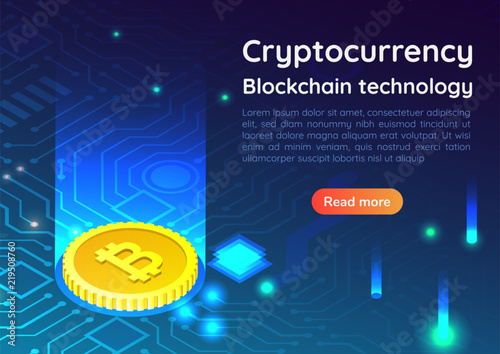 Isometric web banner bitcoin on circuit board