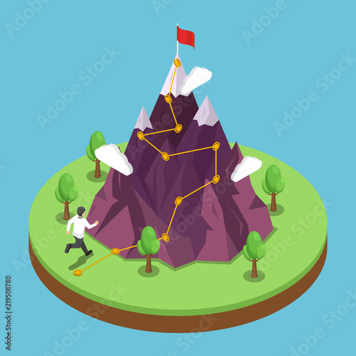 Isometric business journey path to success target on the top of mountain