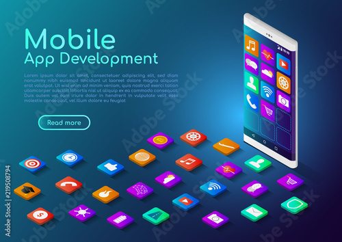Isometric web banner smartphone with mobile app icon photo