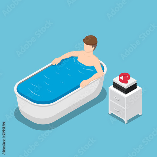 Isometric businessman take a bath and relaxing in the bathtub