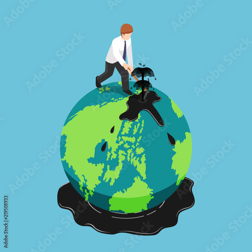 Isometric businessman diggin oil on the earth globe photo