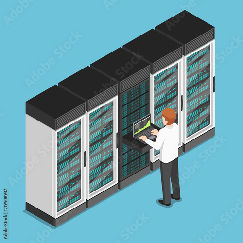 Isometric businessman working on laptop in database center or server room