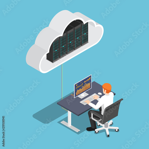 Isometric businessman working on desktop pc and uploading to cloud storage