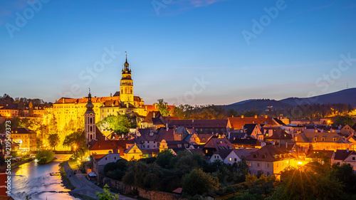 Panorama view of Cesky Krumlov skyline at night in Czech, Republic