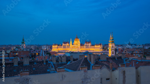 Budapest city skyline with view of Pest bank of Danube River in Budapest city, Hungary at night © orpheus26