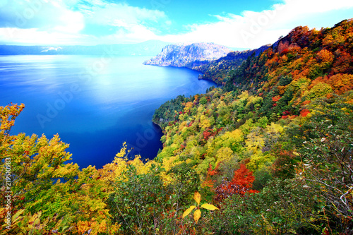 Beautiful aerial view of Lake Towada with colorful autumn foliage in Aomori, Japan, seen from Kankodai observation deck